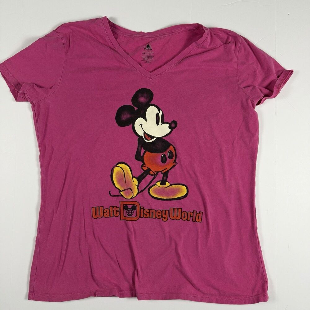 Walt Disney World Mickey Mouse V-Neck T-Shirt Pink Magenta Women XL Tee